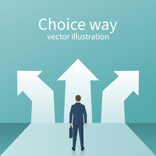 Choice Way Concept. Decision Business Metaphor. Vector Flat Style Design. Isolated On Background. Businessman Before Choosing. Crossroads Arrows. Decide Direction. Human Standing Choice Of Ways.