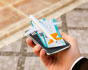 Poster - Smartphone application for online searching, buying and booking flights on the internet. Online check-in. Unusual 3D illustration of commercial airplane and boarding passes on smart phone in hand