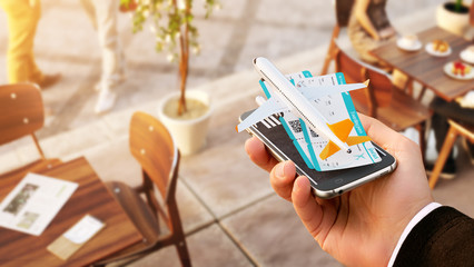 Poster - Smartphone application for online searching, buying and booking flights on the internet. Online check-in. Unusual 3D illustration of commercial airplane and boarding passes on smart phone in hand