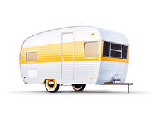 Retro Trailer Isolaten On White. Unusual 3d Illustration Of A Classic Caravan. Camping And Traveling Concept