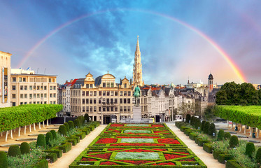 Wall Mural - Cityscape of Brussels with rainbow, Belgium panorama skyline