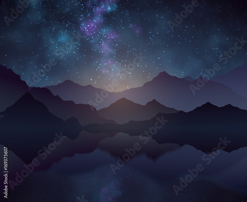 Nature night vector background with starry sky, mountains and water surface