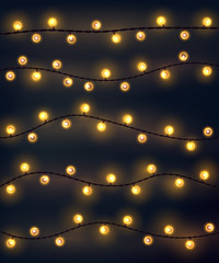 Set of yellow garland style christmas lights on the dark gray background. Vector design incandescent light string elements.