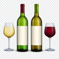 Wall Mural - Red and white wine in bottles and wineglasses vector mockup