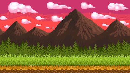 Wall Mural - Pixel art seamless background with mountains.