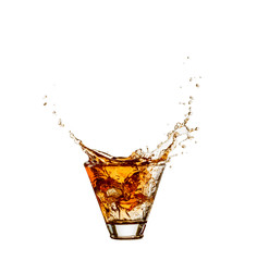 splash of whiskey with ice isolated on white