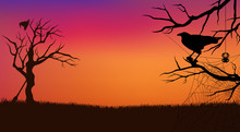 Halloween Evening Vector Background With Raven Bird, Spider Web, Witch Broom And Hat, And Bare Twisted Tree Branches Silhouette