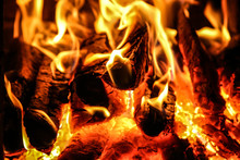 Fire Burning Inside A Brick Stove - Wood, Ash, Flames.