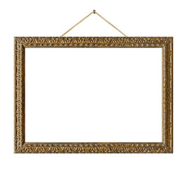 Old wooden picture frame hanging on a rope