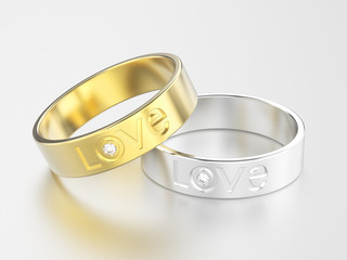 3D illustration two silver and gold engagement ring with diamond and love word with reflection