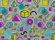 © kirasolly - Geometric memphis pattern for fashion and wallpaper. Universal colorful decorative geometrical forms on dirty old background