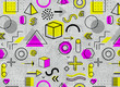 © kirasolly - Geometric memphis pattern for fashion and wallpaper. Universal colorful decorative geometrical forms on dirty old background