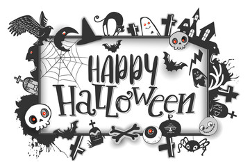 Wall Mural - Happy Halloween horizontal banner with hand lettering greetings and sketch cartoon style horror characters. Vector black and white illustration. Pumpkin, skull, bird, bat, ghost, cat, grave