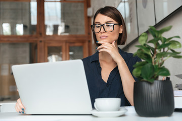 Calm woman in eyeglasses working with laptop computer