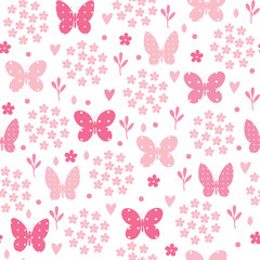  Seamless pattern with butterfly, flowers and hearts. Vector illu