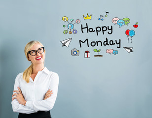 Wall Mural - Happy Monday text with business woman on a gray background
