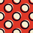 Red and white stylish retro polka dots seamless vector pattern. Ringed circles texture. Classy vintage repeated background for print, textile, or web use. 