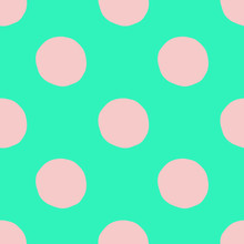 Hand Drawn Polka Dots Seamless Vector Pattern. Green And Light Pink Tropical Colors. Decorative Repeated Background For Print, Textile, Wallpaper, Home Decor, Wrapping Or Web Use.