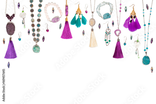 Fotografie, Obraz Handmade turquoise and violet bijouterie with gems, tassels and feathers, top vi