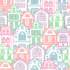  Seamless colored contour pattern with houses . Vector doodles