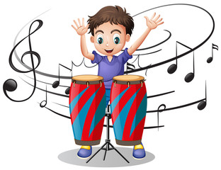 Wall Mural - Boy playing drum with music notes in background