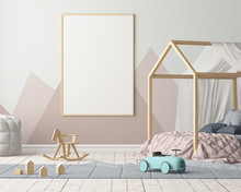 Mock Up Poster In The Children's Bedroom With A Canopy. Scandinavian Style. 3d