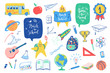 Back to school doodles elements set. Vector quote Back to school, Time to read with school bus, planet, rocket, character, globe, backpack, ball, reading, notepad, book, stars, airplane. School icons.