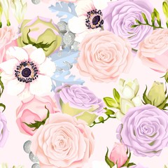 Wall Mural - Seamless pattern with anemones and roses