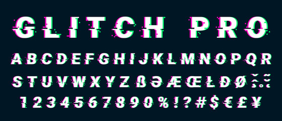 glitch distorted font letter set with broken pixel effect
