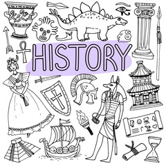 Hand drawn doodles for history lessons. Vector back to school illustration.