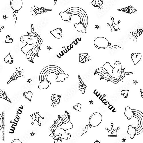 Unicorn Rainbow And Hearts Seamless Pattern Hand Drawing Black Outline Isolated On White Background Stock Vector Adobe Stock Unicorn Rainbow And Hearts Seamless Pattern Hand Drawing Black Outline Isolated On White Background Stock Vector Adobe Stock
