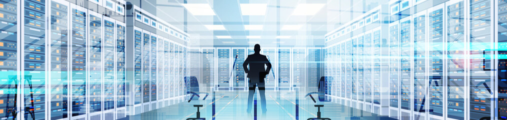 Wall Mural - Silhouette Man In Data Center Room Hosting Server Computer Information Database Flat Vector Illustration