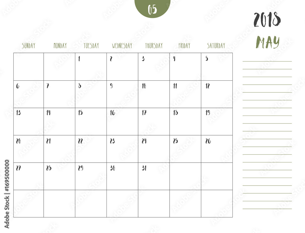 Vector of calendar 2018 ( may ) in simple clean table style with note line in earth tone color theme,full size 21 x 16 cm,Week start on Sunday. - obrazy, fototapety, plakaty 