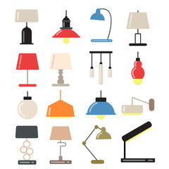 Wall Mural - Chandeliers, modern lamps on desk and floor in light interior. Vector illustrations in flat style