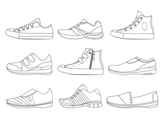 Wall Mural - Illustrations of teenage shoes in linear style. Vector pictures of boots and sneakers