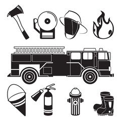 Canvas Print - Monochrome illustrations of fireman tools in fire station department