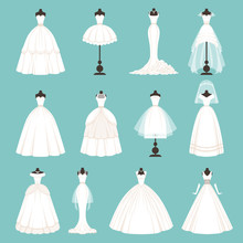 Different Styles Of Brides Dresses. Vector Illustration In Cartoon Style