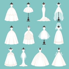 Wall Mural - Different styles of brides dresses. Vector illustration in cartoon style