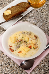 Wall Mural - fine dinning, fish chowder with thyme and crushed peppercorn