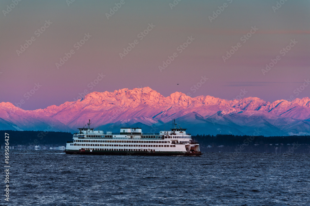 Ferry crossing Puget Sound. Snow capped Olympic Mtns. - obrazy, fototapety, plakaty 