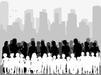 Wall Mural - Vector, isolated crowd of people and children