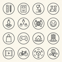 Poster - Rounded Line icons for Virtual Reality innovation technologies. Uses of Virtual Reality.