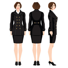 Wall Mural - Vector illustration of professional girls in formal clothes isolated on white background. Various turns woman's figure. Side view, front and back view. Woman in black coat in military style.