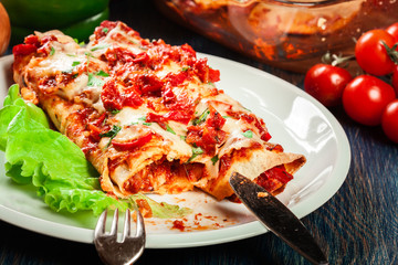 Wall Mural - Traditional mexican enchiladas with chicken meat, spicy tomato sauce and cheese on a plate