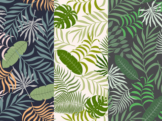  Set of three seamless floral pattern. Tropical background with palm leaves