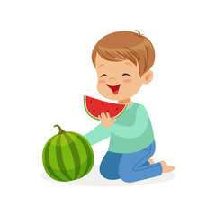 Poster - Cute little boy character enjoying eating watermelon cartoon vector Illustration