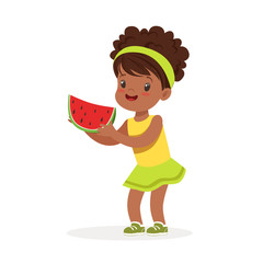 Sticker - Sweet little african girl enjoying eating watermelon cartoon vector Illustration