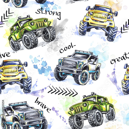 Fototapeta na wymiar Watercolor seamless pattern Cartoon Monster Trucks. Colorful Extreme Sports background. 4x4. Vehicle SUV Off Road. Lifestyle. Man's hobby. Transport.