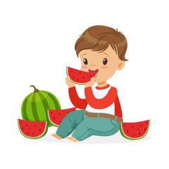 Canvas Print - Cute little boy character sitting on the floor and enjoying eating watermelon cartoon vector Illustration