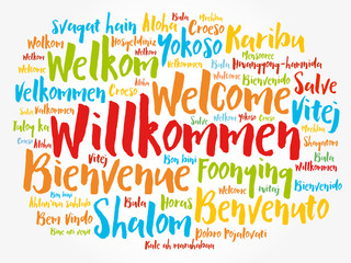 Sticker - Willkommen (Welcome in German) word cloud in different languages, conceptual background